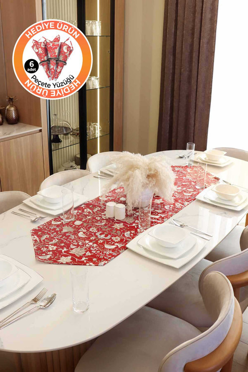 Kuş Desenli Otantik Desen Runner, 6'lı Özel Dikişli Kumaş Peçete Set