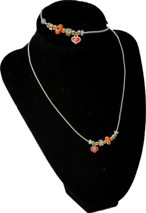 Altın Renk Turuncu Mineli Kalp Kolye Ve  Bileklik Pandora  Kombin Zirkon Set Takım -  2794