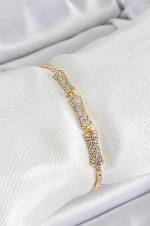 Pirinç Gold Renk Zirkon Taşlı Kemik Model Kadın Bileklik - EBJ250620W35602