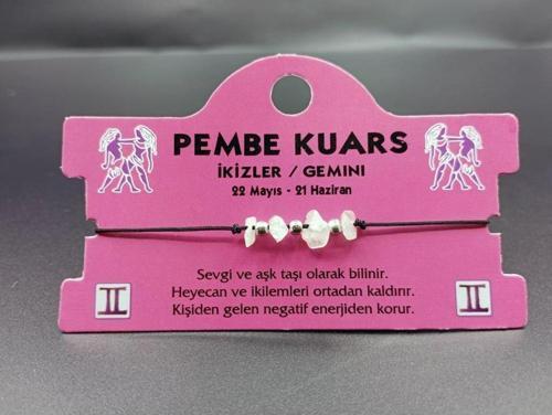 Doğaltaş İkizler Burçu Pembe Kuars Taşı Burç Bileklik  - 2325