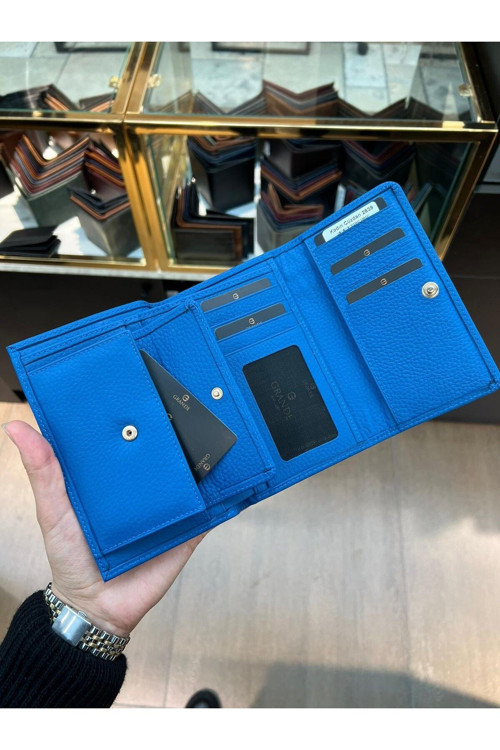 Grande 2639 Hakiki Deri Kadın Cüzdan Saks Mavi