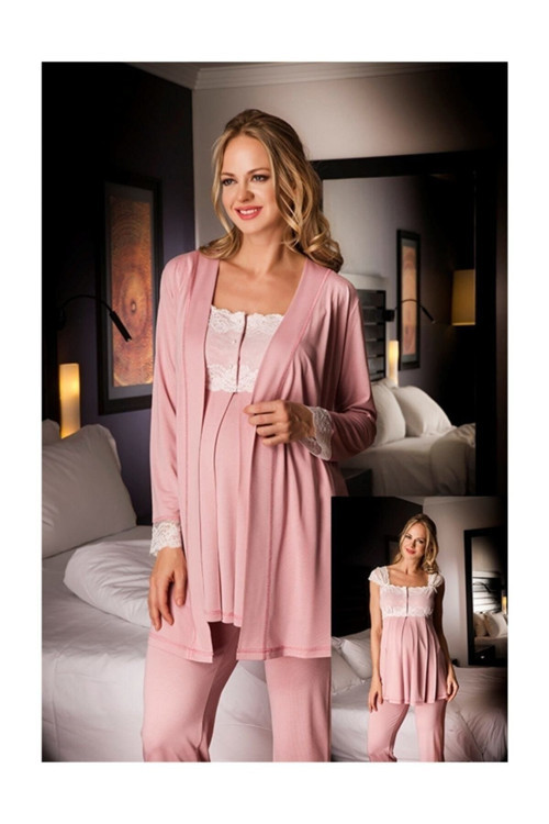 17213 Şık Tasarım Hamile Lohusa 3 Lü Pijama Sabahlık Takım