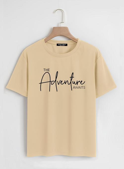Unisex Oversize Bisiklet Yaka Adventure Baskılı Basic T-Shirt - BEJ