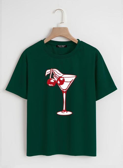 Unisex Oversize Bisiklet Yaka Cherry Cocktail Baskılı Basic T-Shirt - KOYU YEŞİL
