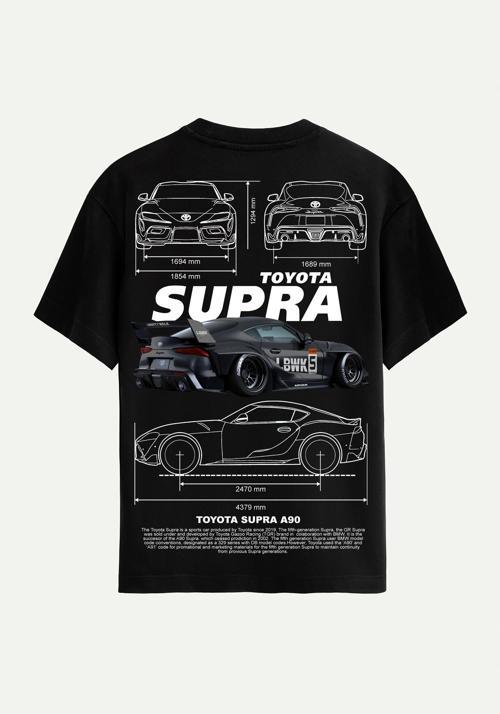 Unisex Bisiklet Yaka %100 Organik Pamuklu Kalın Dokulu Toyota Supra A90 Baskılı Oversize T-shirt - SİYAH