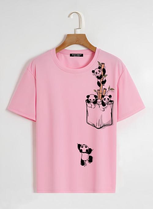 Unisex Oversize Bisiklet Yaka Climbing Panda Baskılı Basic T-Shirt - PEMBE