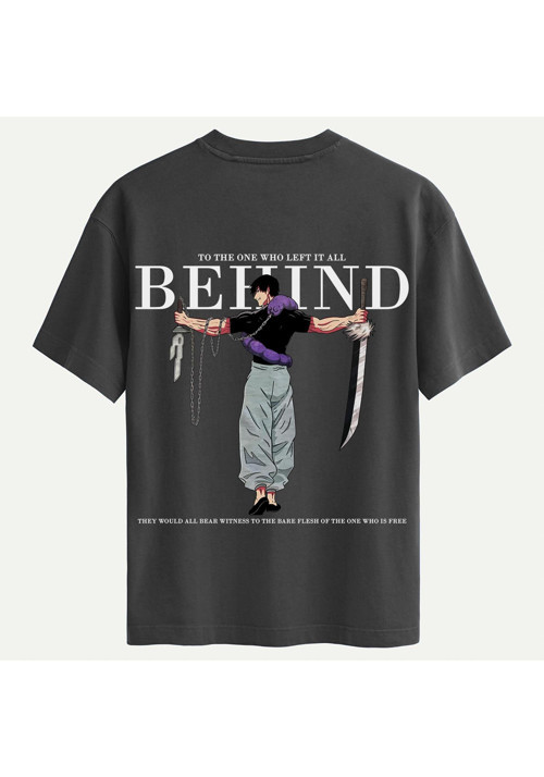 Unisex Bisiklet Yaka %100 Organik Pamuklu Kalın Dokulu Behind Baskılı Oversize T-shirt - FÜME