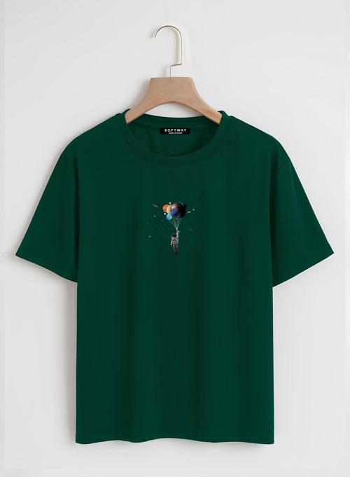 Unisex Oversize Bisiklet Yaka Balloon Astronaut Baskılı Basic T-Shirt - KOYU YEŞİL