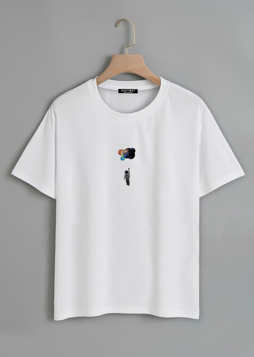 Unisex Oversize Bisiklet Yaka Balloon Astronaut Baskılı Basic T-Shirt - BEYAZ