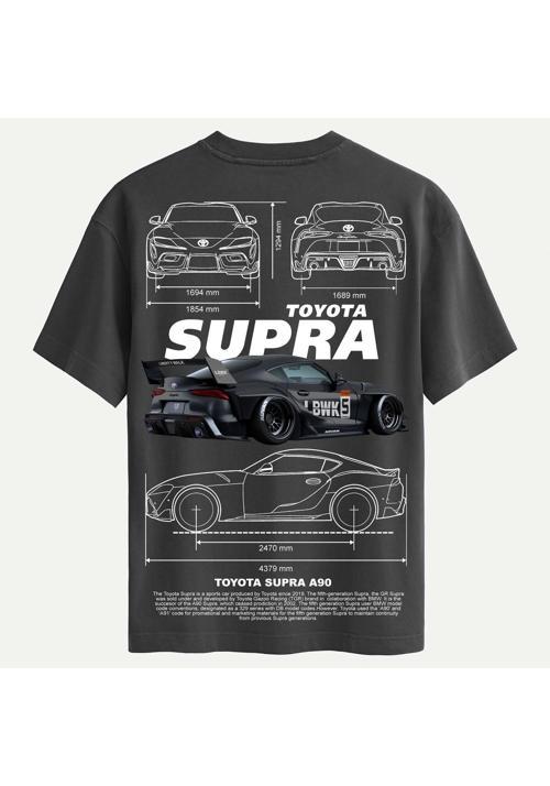 Unisex Bisiklet Yaka %100 Organik Pamuklu Kalın Dokulu Toyota Supra A90 Baskılı Oversize T-shirt - FÜME