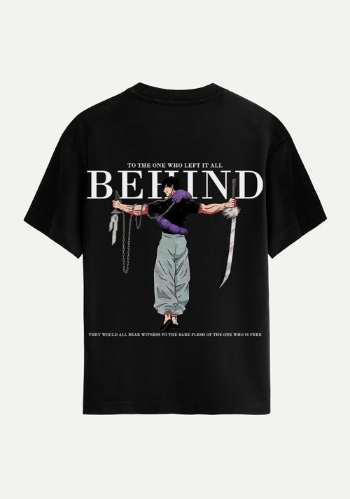 Unisex Bisiklet Yaka %100 Organik Pamuklu Kalın Dokulu Behind Baskılı Oversize T-shirt - SİYAH