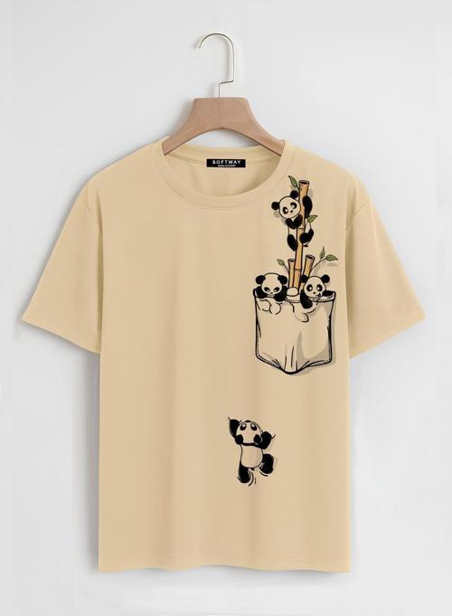 Unisex Oversize Bisiklet Yaka Climbing Panda Baskılı Basic T-Shirt - BEJ