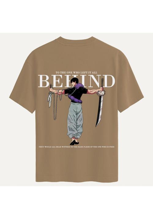 Unisex Bisiklet Yaka %100 Organik Pamuklu Kalın Dokulu Behind Baskılı Oversize T-shirt - AÇIK KAHVERENGİ