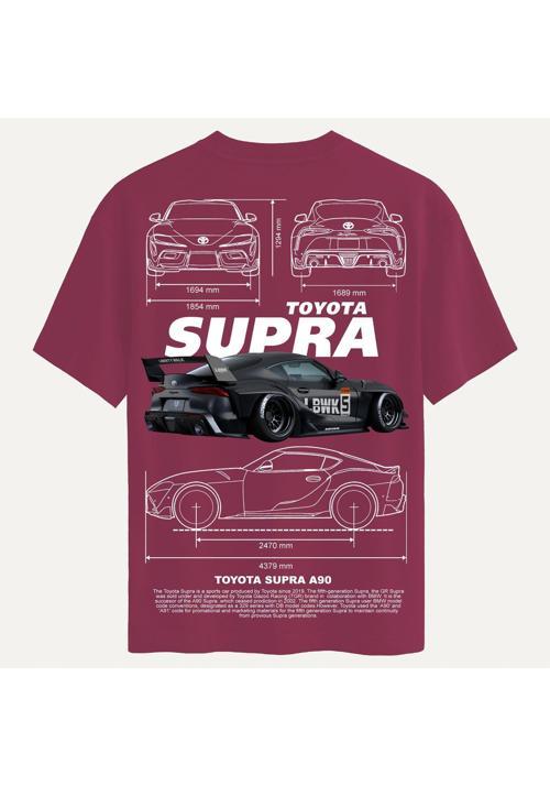 Unisex Bisiklet Yaka %100 Organik Pamuklu Kalın Dokulu Toyota Supra A90 Baskılı Oversize T-shirt - BORDO