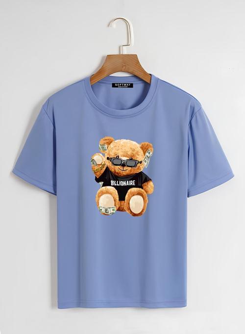 Unisex Oversize Bisiklet Yaka Billionaire Baskılı Basic T-Shirt - MAVİ