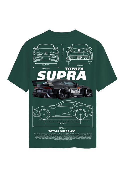 Unisex Bisiklet Yaka %100 Organik Pamuklu Kalın Dokulu Toyota Supra A90 Baskılı Oversize T-shirt - KOYU YEŞİL