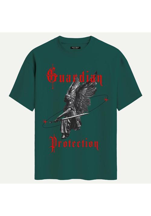 Unisex Bisiklet Yaka %100 Organik Pamuklu Kalın Dokulu Guardian Protection Baskılı Oversize T-shirt - KOYU YEŞİL