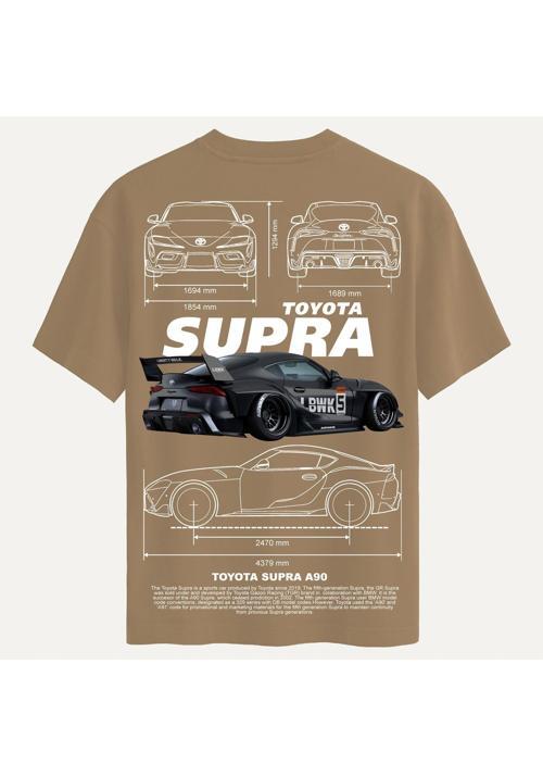 Unisex Bisiklet Yaka %100 Organik Pamuklu Kalın Dokulu Toyota Supra A90 Baskılı Oversize T-shirt - AÇIK KAHVERENGİ
