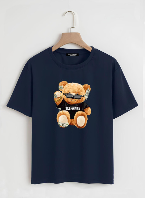 Unisex Oversize Bisiklet Yaka Billionaire Baskılı Basic T-Shirt - LACİVERT