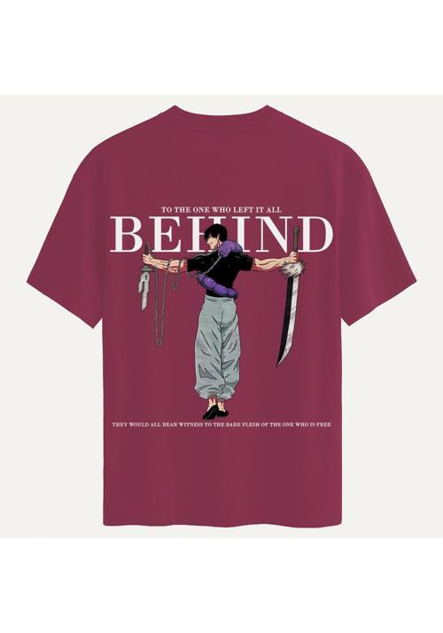 Unisex Bisiklet Yaka %100 Organik Pamuklu Kalın Dokulu Behind Baskılı Oversize T-shirt - BORDO