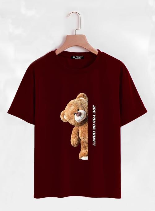 Unisex Oversize Bisiklet Yaka Are You Ok Honey Baskılı Basic T-Shirt - BORDO