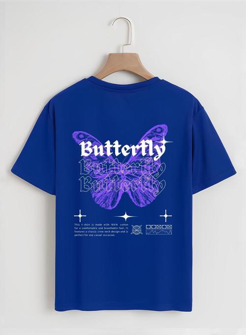 Unisex Oversize Bisiklet Yaka Butterfly Baskılı Basic T-Shirt - SAKS MAVİSİ