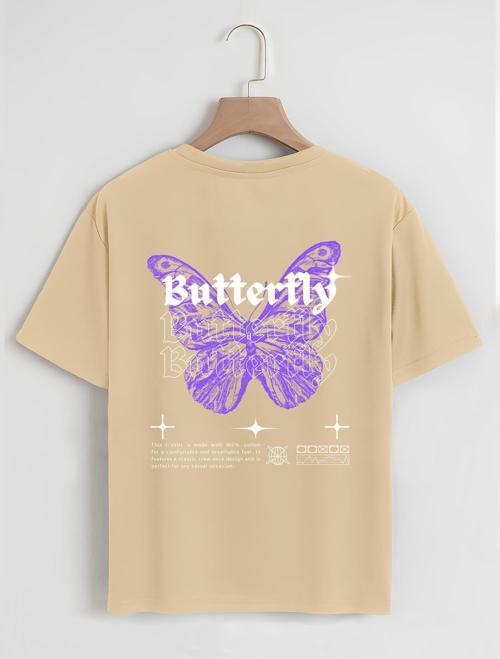 Unisex Oversize Bisiklet Yaka Butterfly Baskılı Basic T-Shirt - BEJ