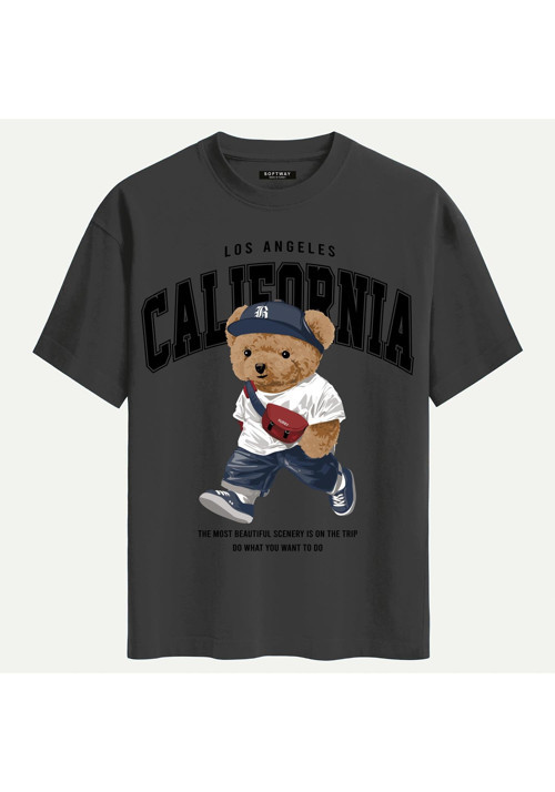 Unisex Bisiklet Yaka %100 Organik Pamuklu Kalın Dokulu California Baskılı Oversize T-shirt - FÜME