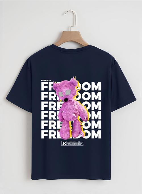 Unisex Oversize Bisiklet Yaka Freedom Baskılı Basic T-Shirt - LACİVERT