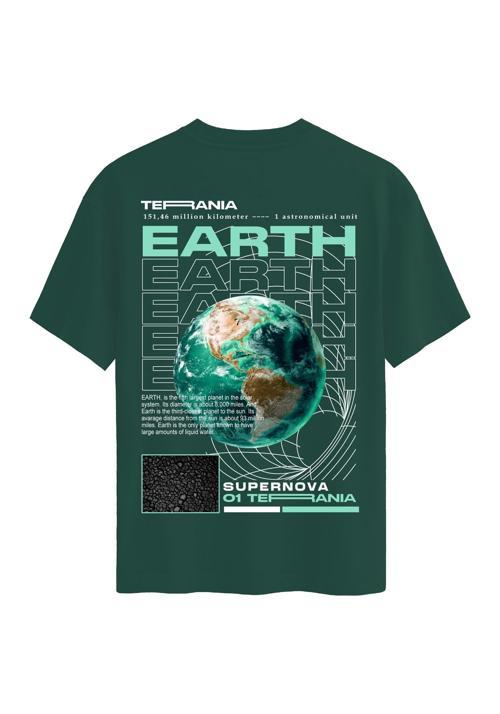 Unisex Bisiklet Yaka %100 Organik Pamuklu Kalın Dokulu Earth Baskılı Oversize T-shirt - KOYU YEŞİL