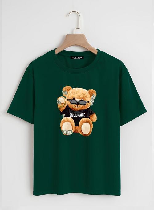 Unisex Oversize Bisiklet Yaka Billionaire Baskılı Basic T-Shirt - KOYU YEŞİL