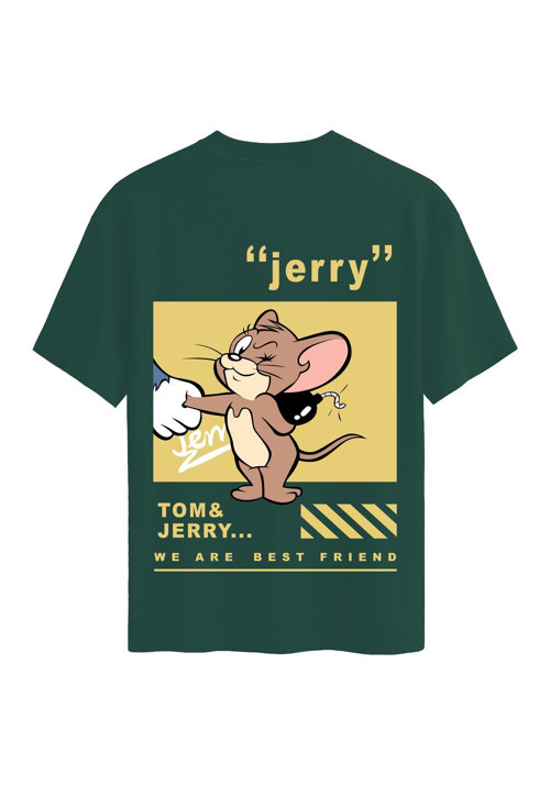 Unisex Bisiklet Yaka %100 Organik Pamuklu Kalın Dokulu Jerry Baskılı Oversize T-shirt - KOYU YEŞİL