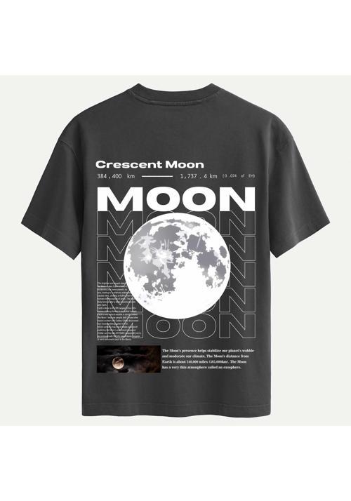 Unisex Bisiklet Yaka %100 Organik Pamuklu Kalın Dokulu Moon Baskılı Oversize T-shirt - FÜME