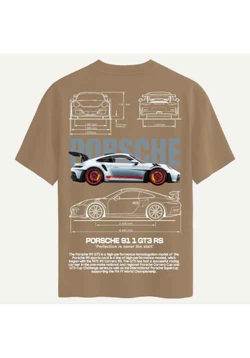 Unisex Bisiklet Yaka %100 Organik Pamuklu Kalın Dokulu Porsche 911 gt3 rs Baskılı Oversize T-shirt - AÇIK KAHVERENGİ