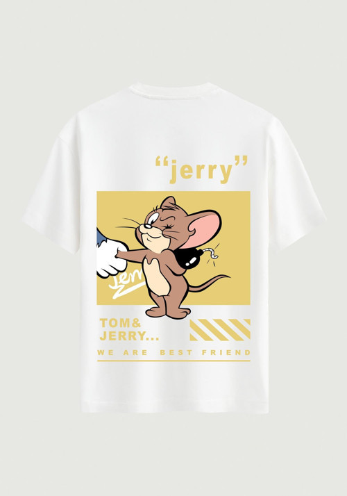 Unisex Bisiklet Yaka %100 Organik Pamuklu Kalın Dokulu Jerry Baskılı Oversize T-shirt - BEYAZ