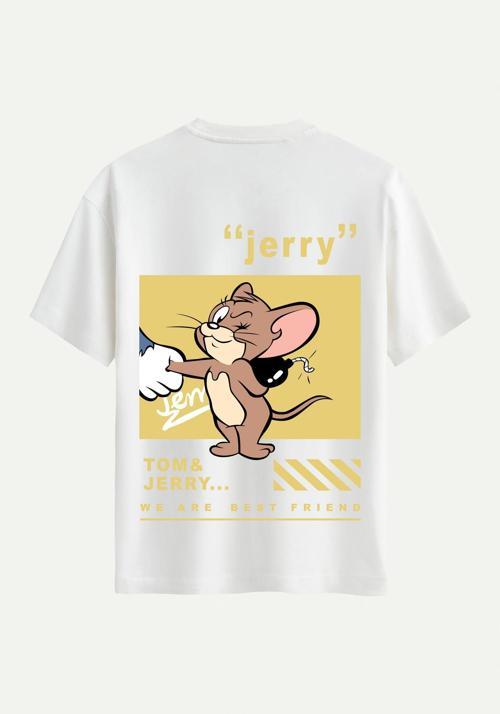 Unisex Bisiklet Yaka %100 Organik Pamuklu Kalın Dokulu Jerry Baskılı Oversize T-shirt - EKRU