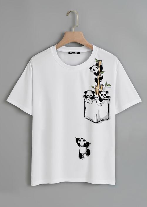 Unisex Oversize Bisiklet Yaka Climbing Panda Baskılı Basic T-Shirt - BEYAZ