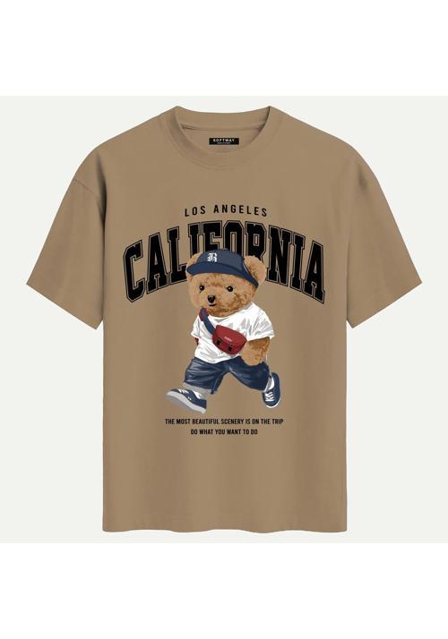Unisex Bisiklet Yaka %100 Organik Pamuklu Kalın Dokulu Behind California Oversize T-shirt - AÇIK KAHVERENGİ