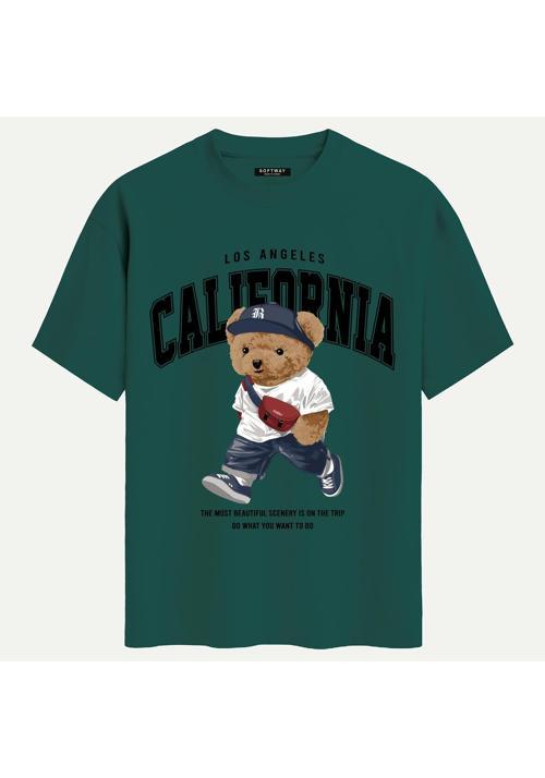Unisex Bisiklet Yaka %100 Organik Pamuklu Kalın Dokulu California Baskılı Oversize T-shirt - KOYU YEŞİL