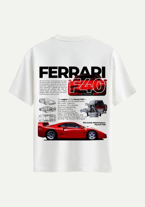 Unisex Bisiklet Yaka %100 Organik Pamuklu Kalın Dokulu Ferrari F40 Baskılı Oversize T-shirt - EKRU