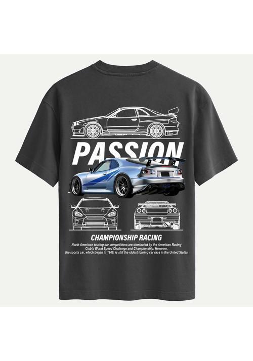 Unisex Bisiklet Yaka %100 Organik Pamuklu Kalın Dokulu Passion Baskılı Oversize T-shirt - FÜME