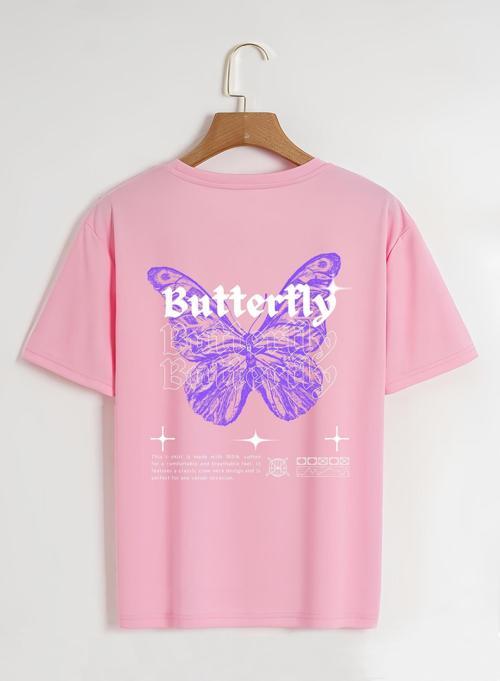Unisex Oversize Bisiklet Yaka Butterfly Baskılı Basic T-Shirt - PEMBE