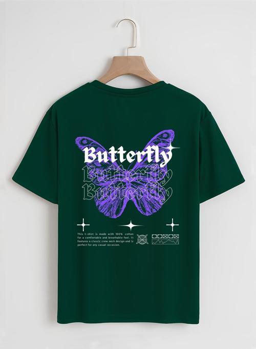 Unisex Oversize Bisiklet Yaka Butterfly Baskılı Basic T-Shirt - KOYU YEŞİL