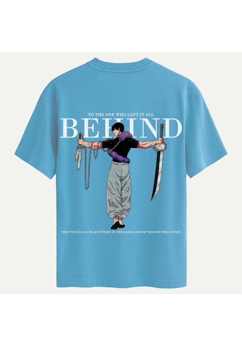 Unisex Bisiklet Yaka %100 Organik Pamuklu Kalın Dokulu Behind Baskılı Oversize T-shirt - MAVİ
