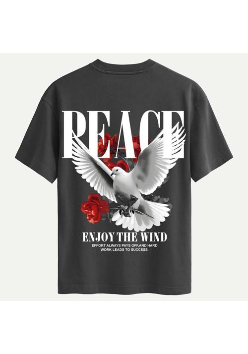 Unisex Bisiklet Yaka %100 Organik Pamuklu Kalın Dokulu Peace Baskılı Oversize T-shirt - FÜME