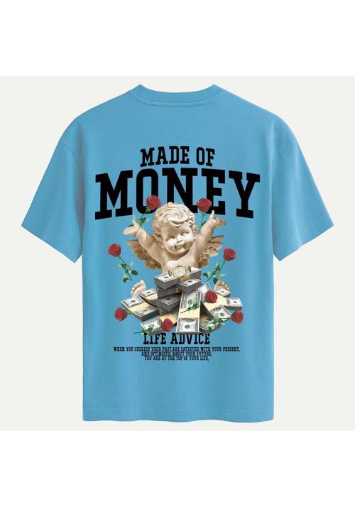 Unisex Bisiklet Yaka %100 Organik Pamuklu Kalın Dokulu Made Of Money Baskılı Oversize T-shirt - MAVİ