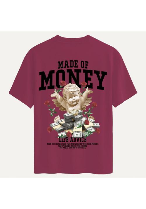Unisex Bisiklet Yaka %100 Organik Pamuklu Kalın Dokulu Made Of Money Baskılı Oversize T-shirt - BORDO