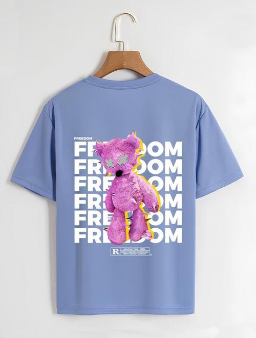 Unisex Oversize Bisiklet Yaka Freedom Baskılı Basic T-Shirt - MAVİ