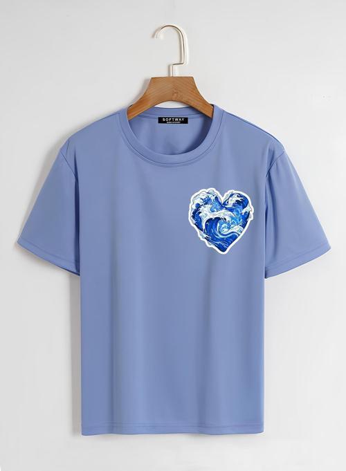 Unisex Oversize Bisiklet Yaka Ocean Heart Baskılı Basic T-Shirt - MAVİ