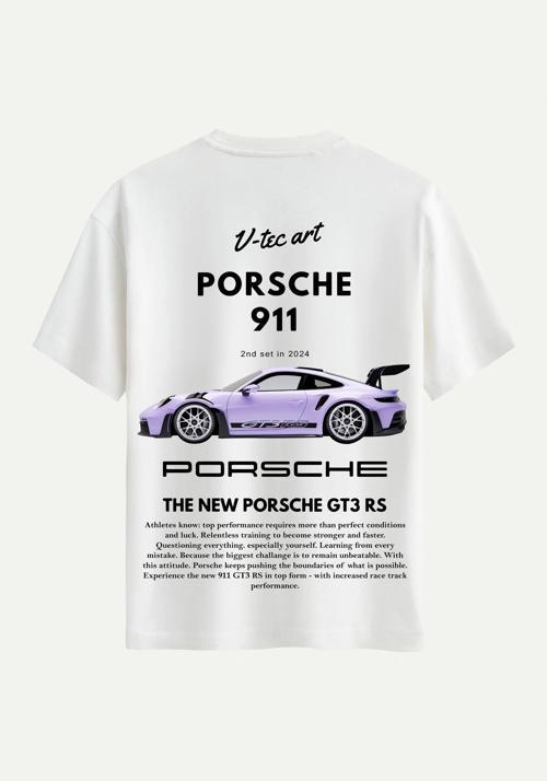 Unisex Bisiklet Yaka %100 Organik Pamuklu Kalın Dokulu Porsche 911 Baskılı Oversize T-shirt - EKRU